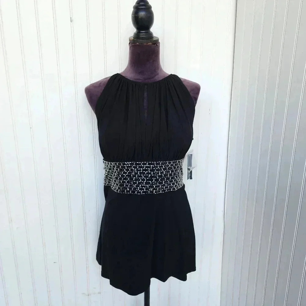NWT R&M Richards Formal Black Beaded Embellished Top Lightly Padded Tie Sz 16